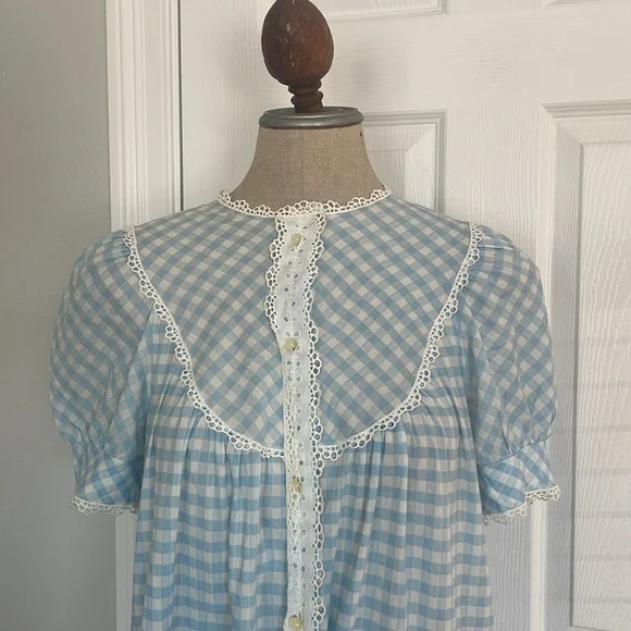 Vintage gingham lace check nightgown housecoat dress duster robe cottage core M - Picture 2 of 10